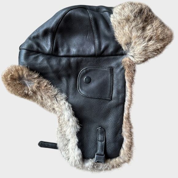 305LBLK Black Leather Bomber w/Black Rabbit Fur Size Large - Picture 1 of 9